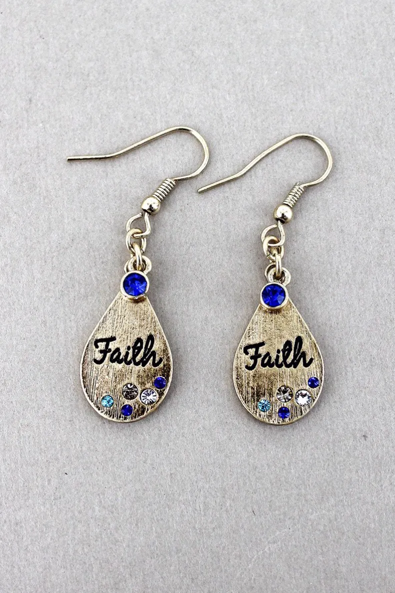 MULTI-COLOR CRYSTAL ACCENTED GOLDTONE 'FAITH' TEARDROP EARRINGS