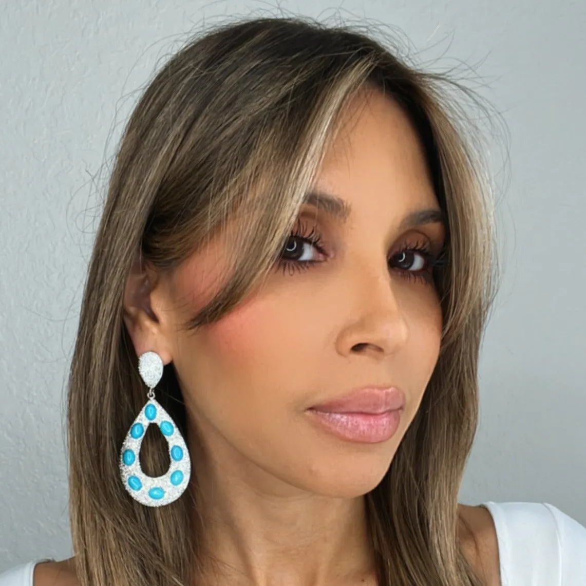 Open Teardrop Crystal & Turquoise 925 Sterling Silver Statement Earring