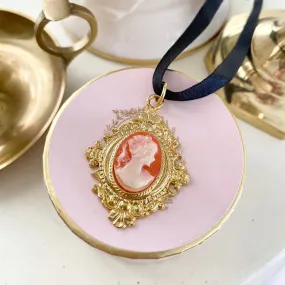 Orange Cameo Pendant Necklace and Brooch Set