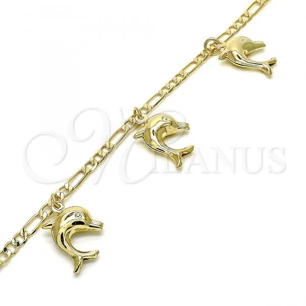 Oro Laminado Charm Anklet , Gold Filled Style Dolphin Design, Polished, Golden Finish, 03.63.2024.10