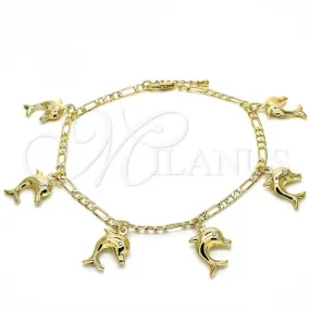 Oro Laminado Charm Anklet , Gold Filled Style Dolphin Design, Polished, Golden Finish, 03.63.2024.10