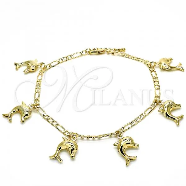 Oro Laminado Charm Anklet , Gold Filled Style Dolphin Design, Polished, Golden Finish, 03.63.2024.10