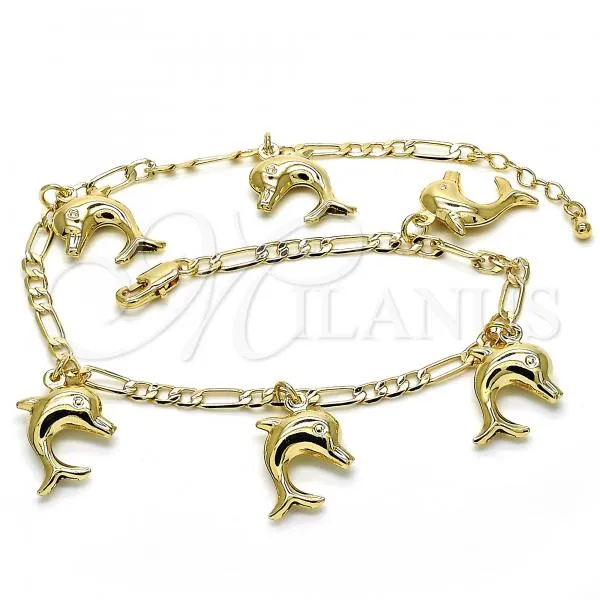Oro Laminado Charm Anklet , Gold Filled Style Dolphin Design, Polished, Golden Finish, 03.63.2024.10