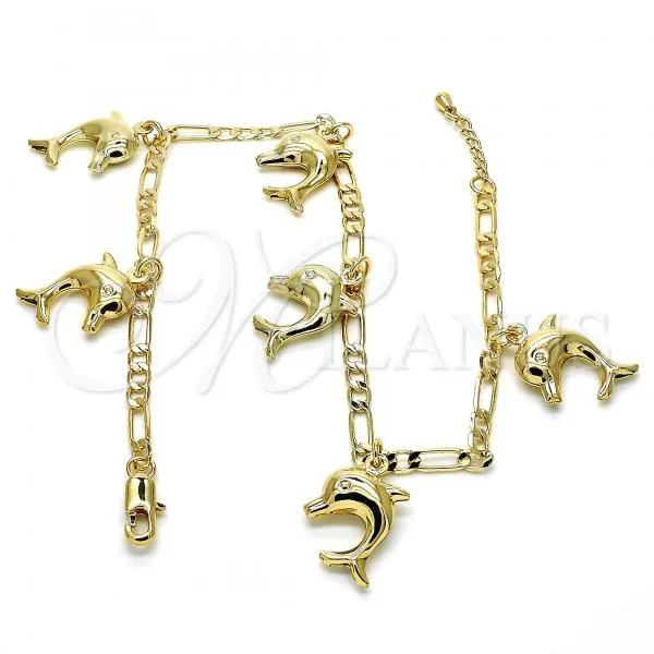 Oro Laminado Charm Anklet , Gold Filled Style Dolphin Design, Polished, Golden Finish, 03.63.2024.10