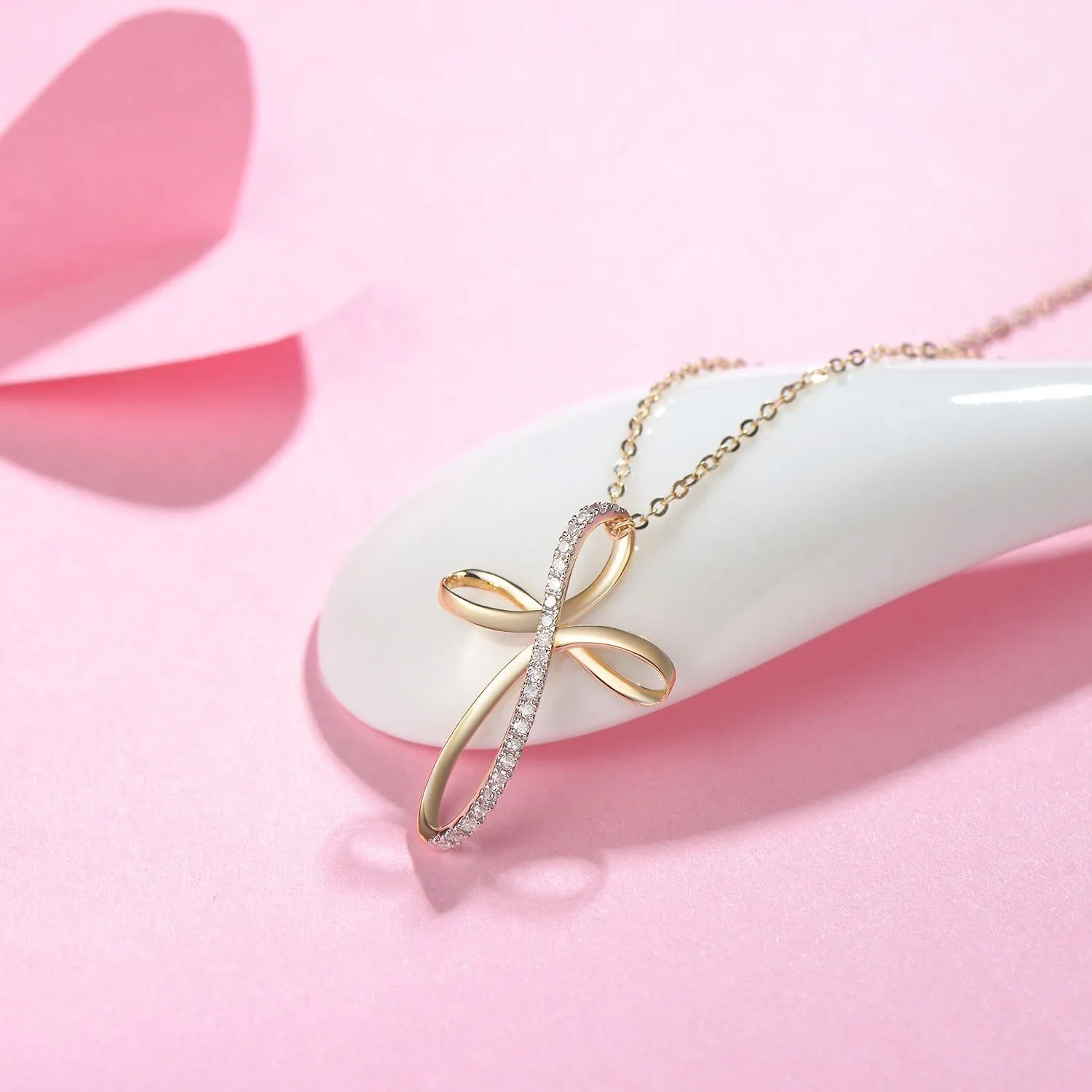 Pave-Set Diamond Infinity Cross Pendant in 14K Yellow Gold