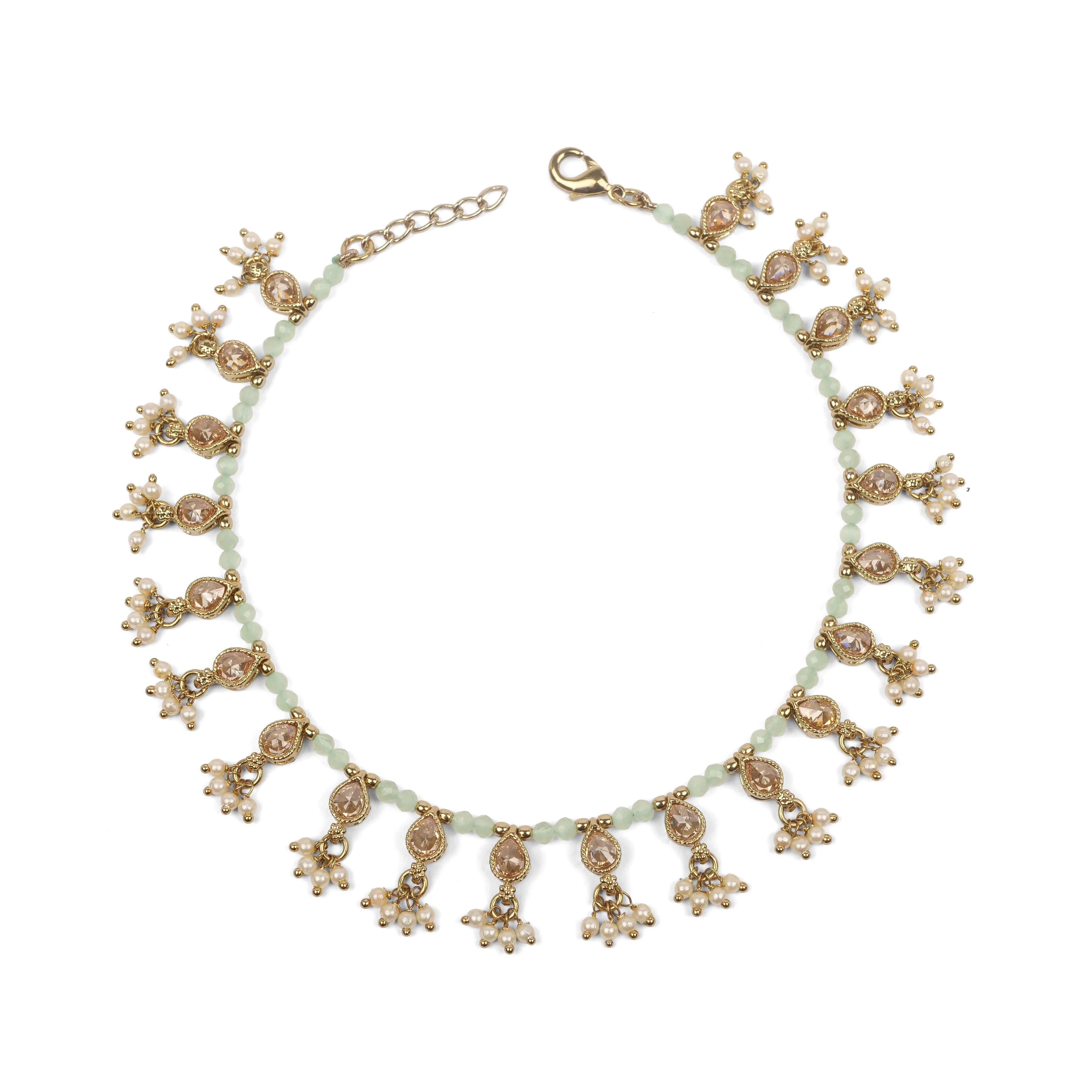 Pearl and Mint Bead Crystal Anklet