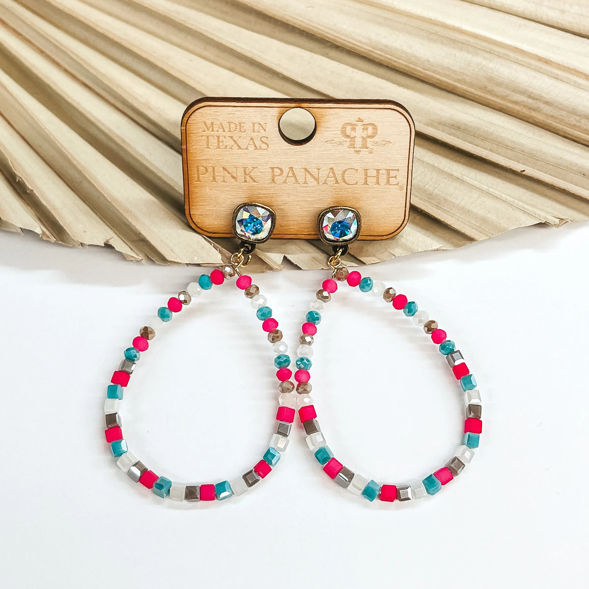 Pink Panache | AB Cushion Cut Post Earrings with Multicolor Beaded Teardrop