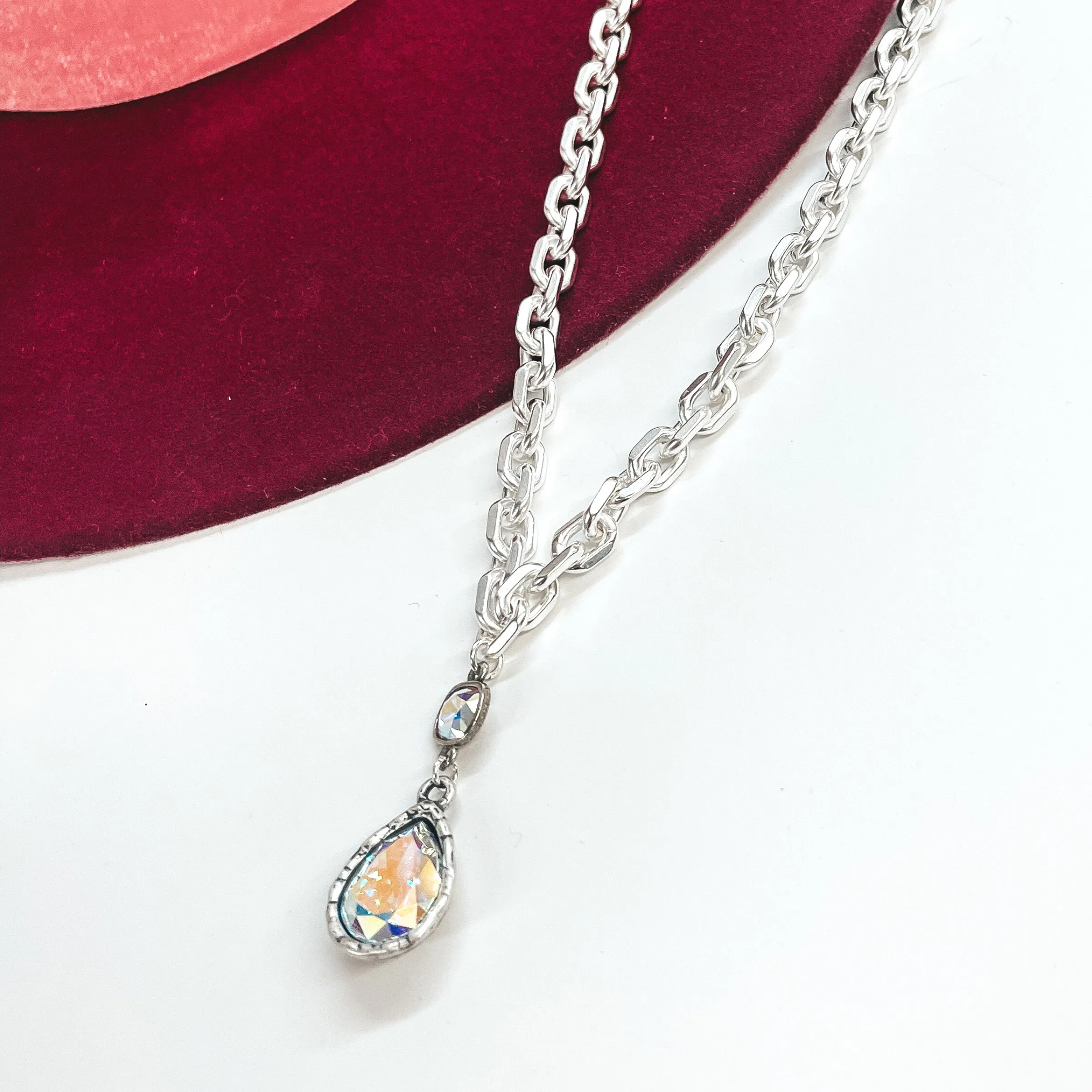 Pink Panache | Chunky Chain Necklace with AB Crystal Teardrop and Small AB Cushion Cut Crystal in Silver