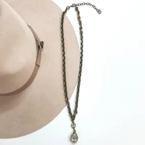 Pink Panache | Chunky Chain Necklace with Clear Crystal Teardrop and Small Clear Cushion Cut Crystal in Bronze