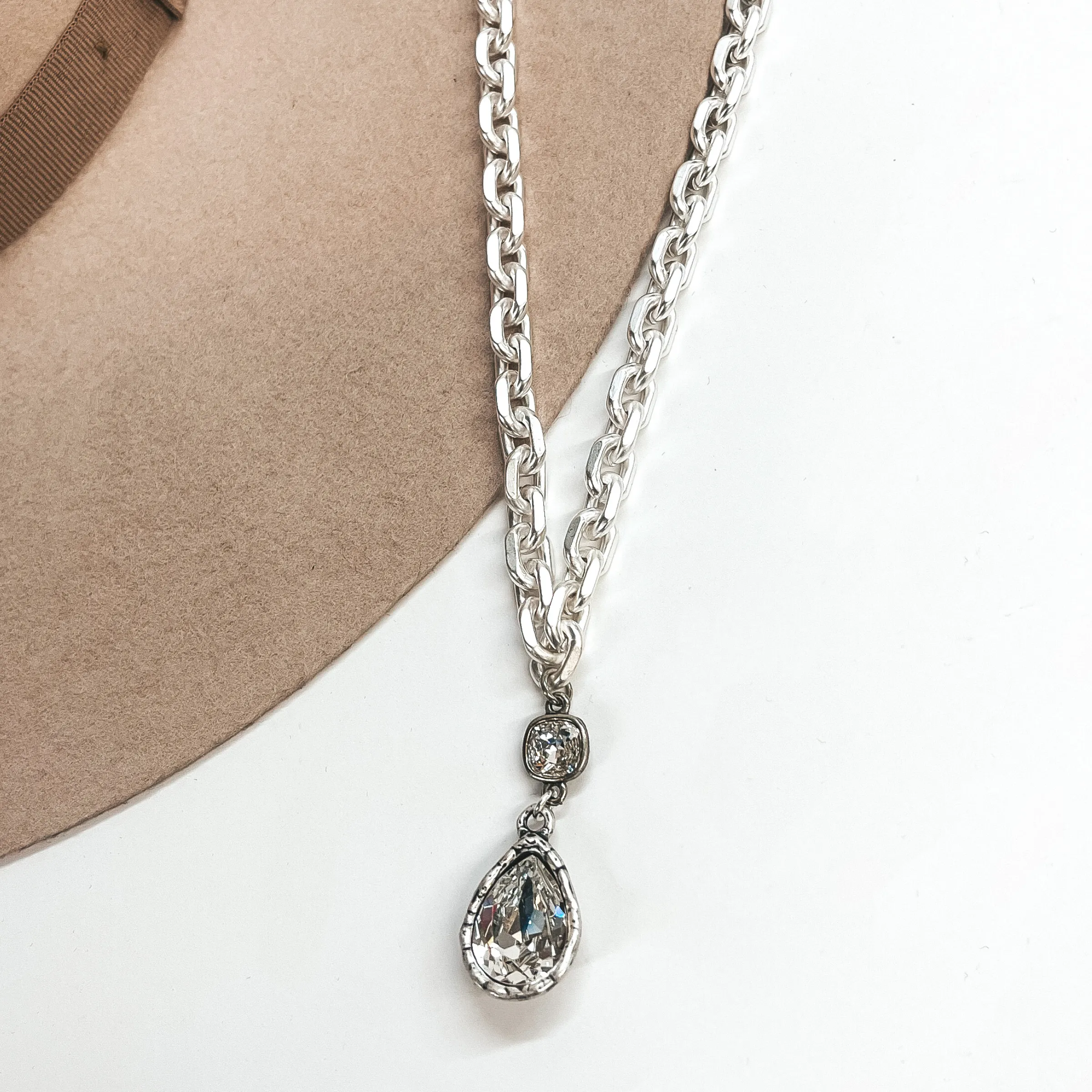 Pink Panache | Chunky Chain Necklace with Clear Crystal Teardrop and Small Clear Cushion Cut Crystal in Silver