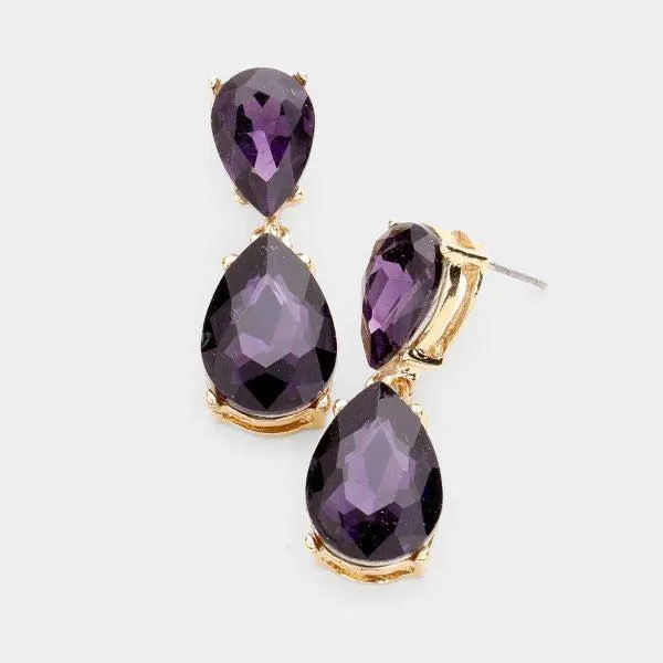 Purple Crystal Double Teardrop Gold Earrings