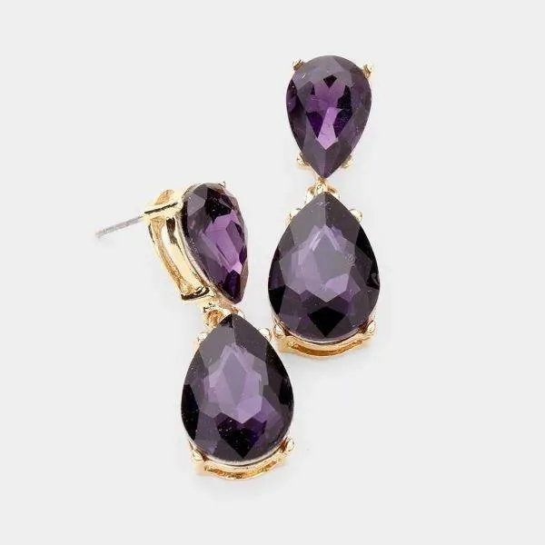 Purple Crystal Double Teardrop Gold Earrings