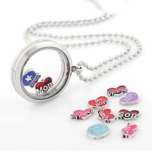 Round Locket Crystal Necklace Base and Floating Family Charms (Baby Feet)