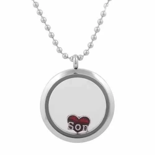 Round Locket Crystal Necklace Base and Floating Family Charms ("Son")