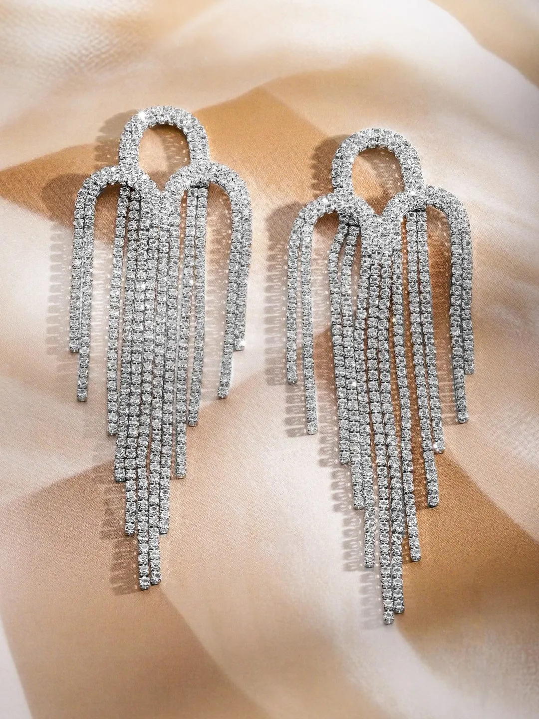 Rubans Rhodium-Plated Teardrop Crystal Tassel Drop Earrings