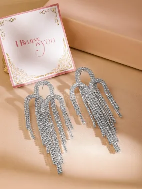 Rubans Rhodium-Plated Teardrop Crystal Tassel Drop Earrings