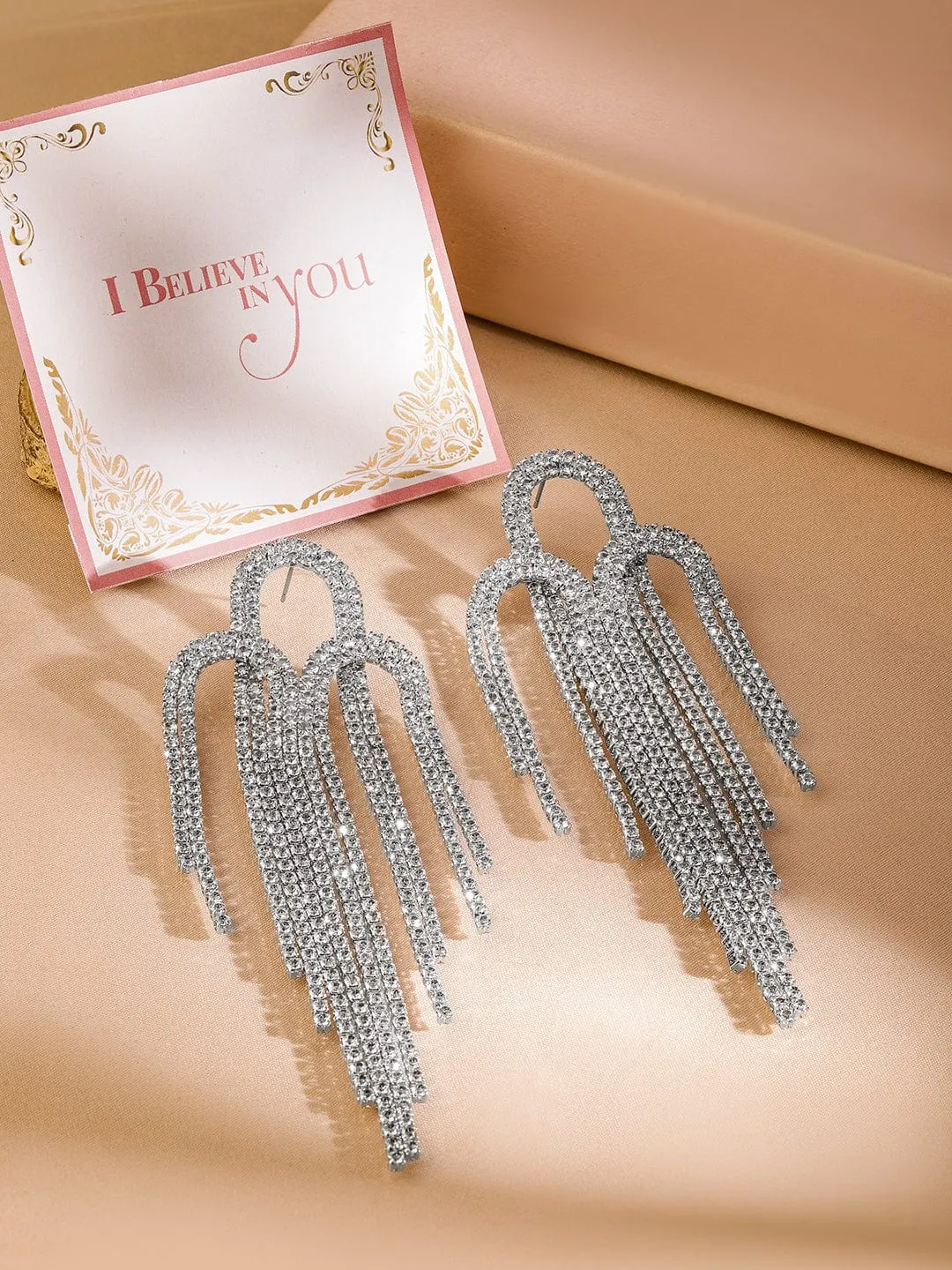 Rubans Rhodium-Plated Teardrop Crystal Tassel Drop Earrings