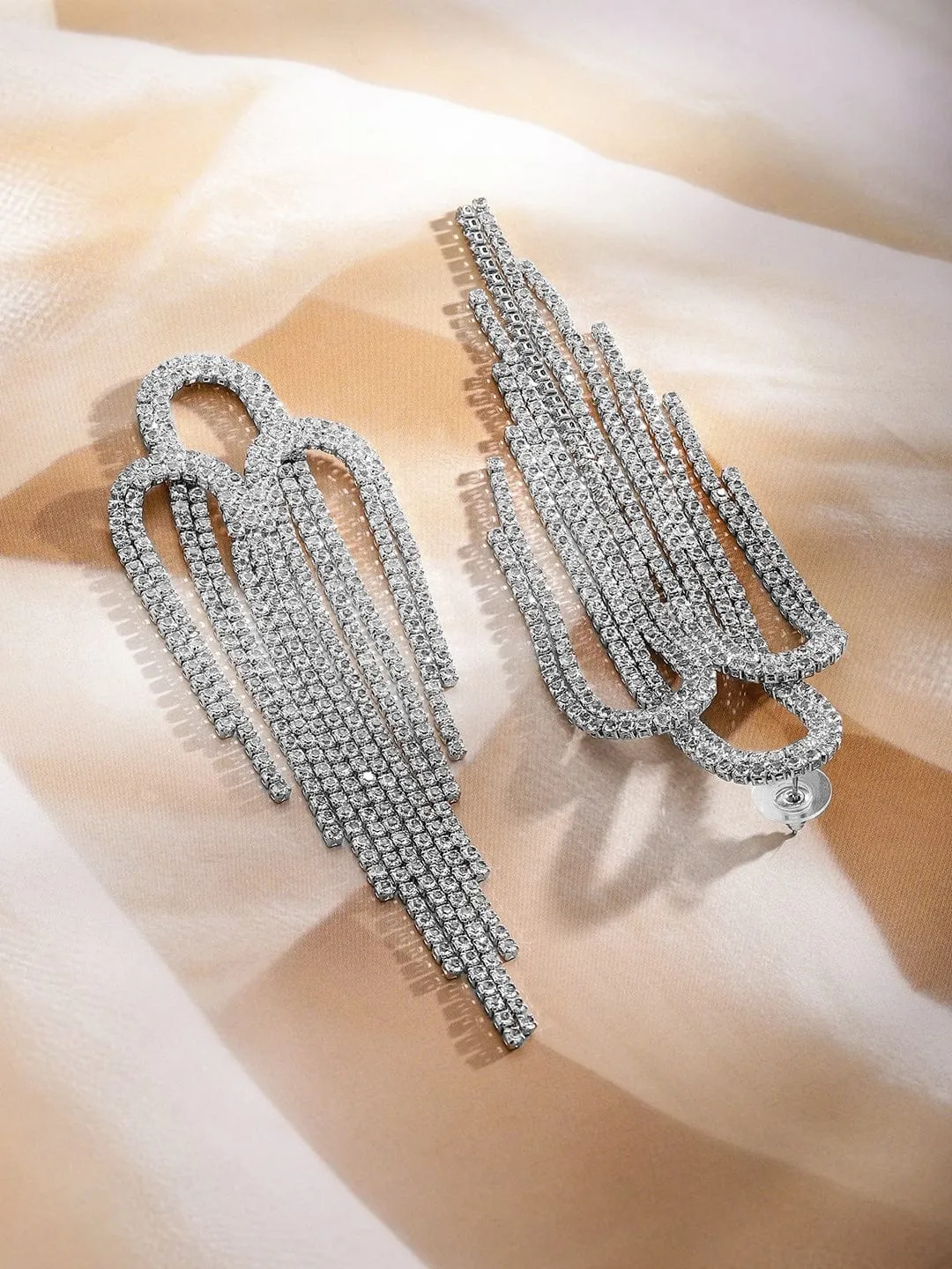 Rubans Rhodium-Plated Teardrop Crystal Tassel Drop Earrings
