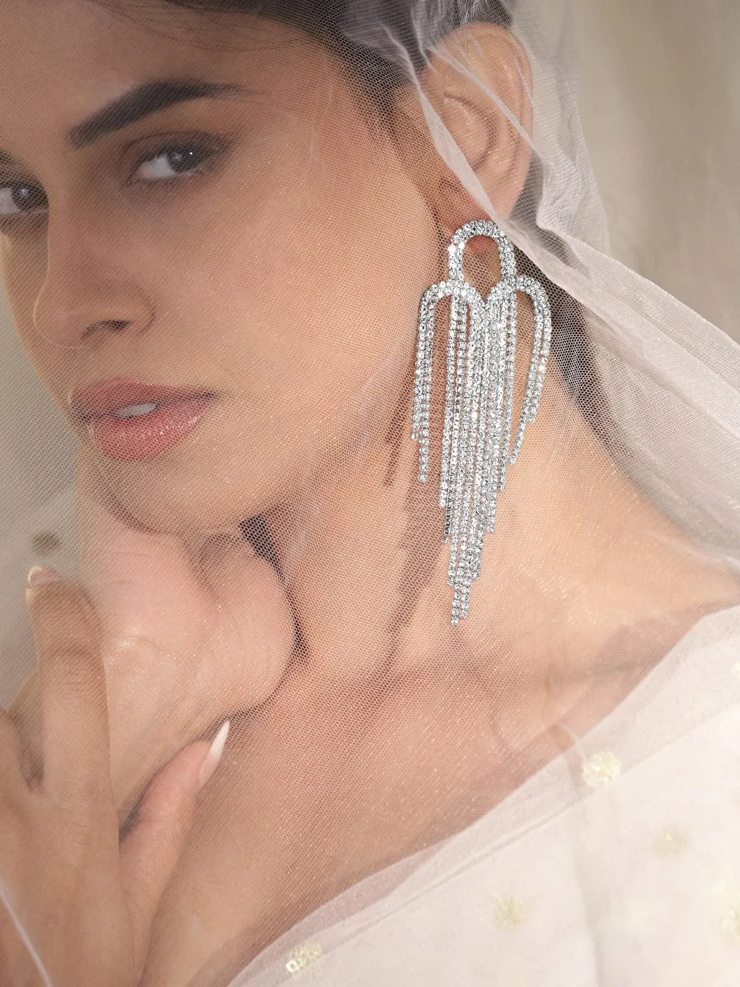 Rubans Rhodium-Plated Teardrop Crystal Tassel Drop Earrings