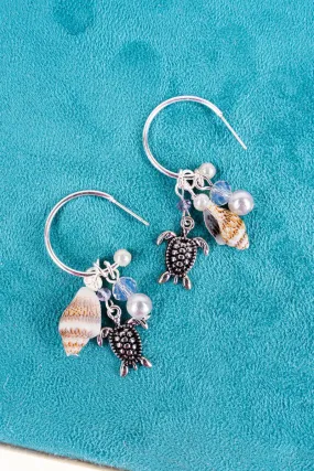 SALE! Turtle and Iridescent Bead Charm Hoop Earrings