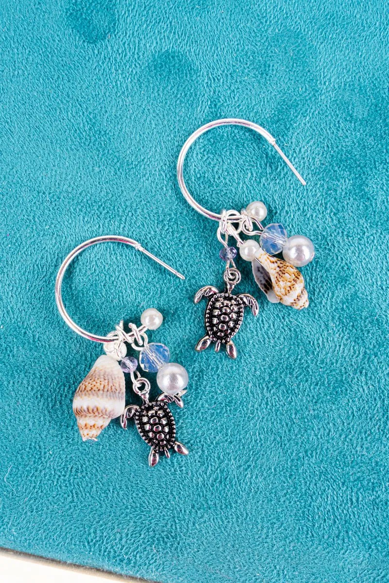 SALE! Turtle and Iridescent Bead Charm Hoop Earrings