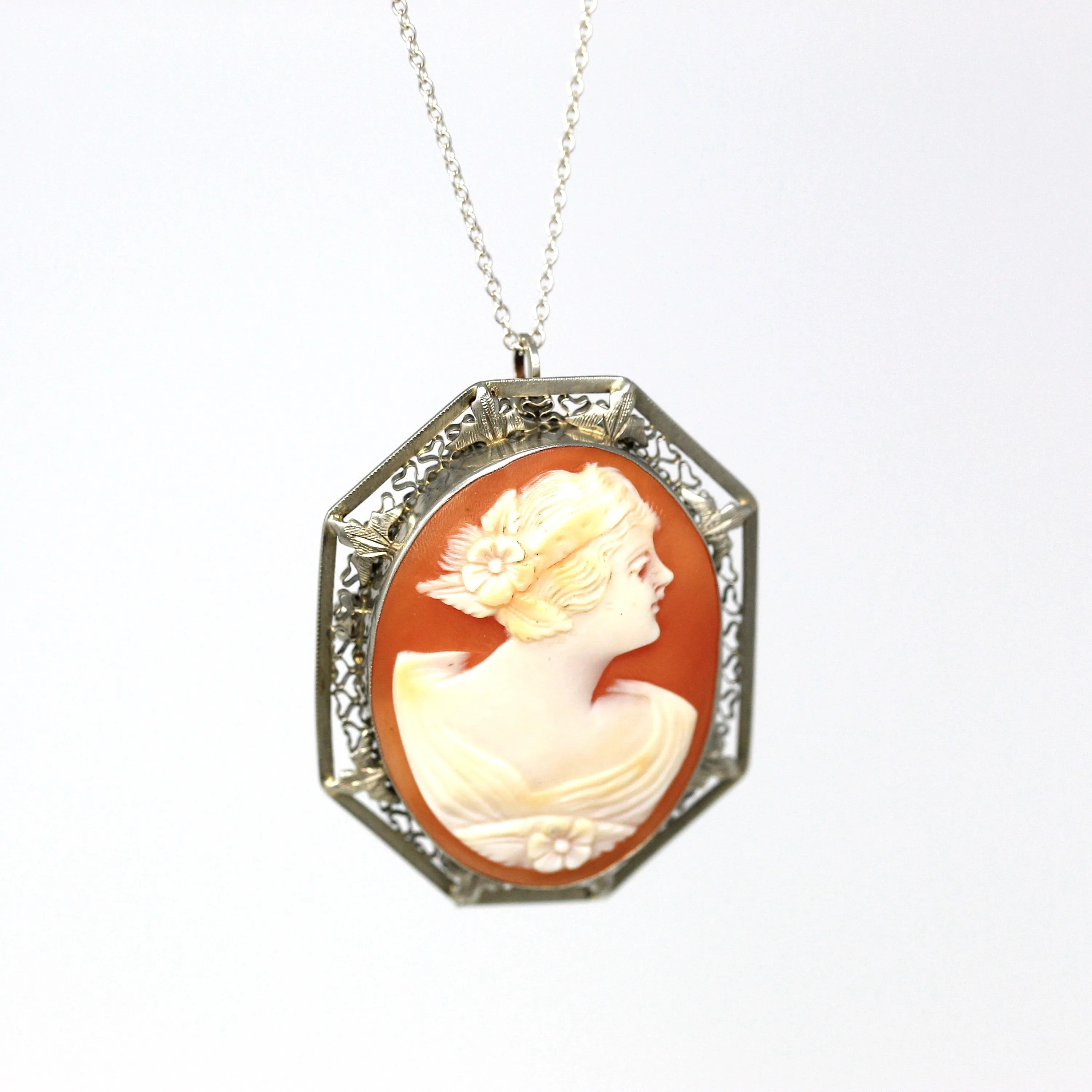 Sale - Vintage Cameo Necklace - Art Deco 10k White Gold Carved Shell Pendant Brooch Pin - Circa 1930s Era Filigree Flapper Flower Jewelry