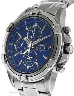 Seiko Solar Mens Alarm Chronograph - Blue Dial - Steel Case & Bracelet - Date