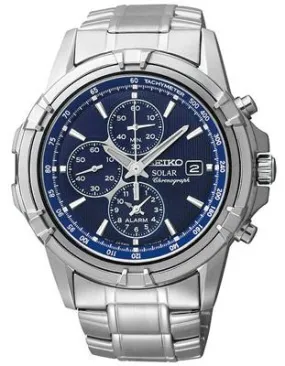 Seiko Solar Mens Alarm Chronograph - Blue Dial - Steel Case & Bracelet - Date
