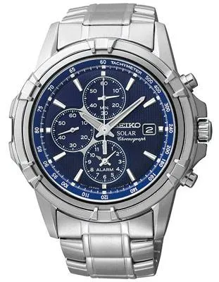 Seiko Solar Mens Alarm Chronograph - Blue Dial - Steel Case & Bracelet - Date