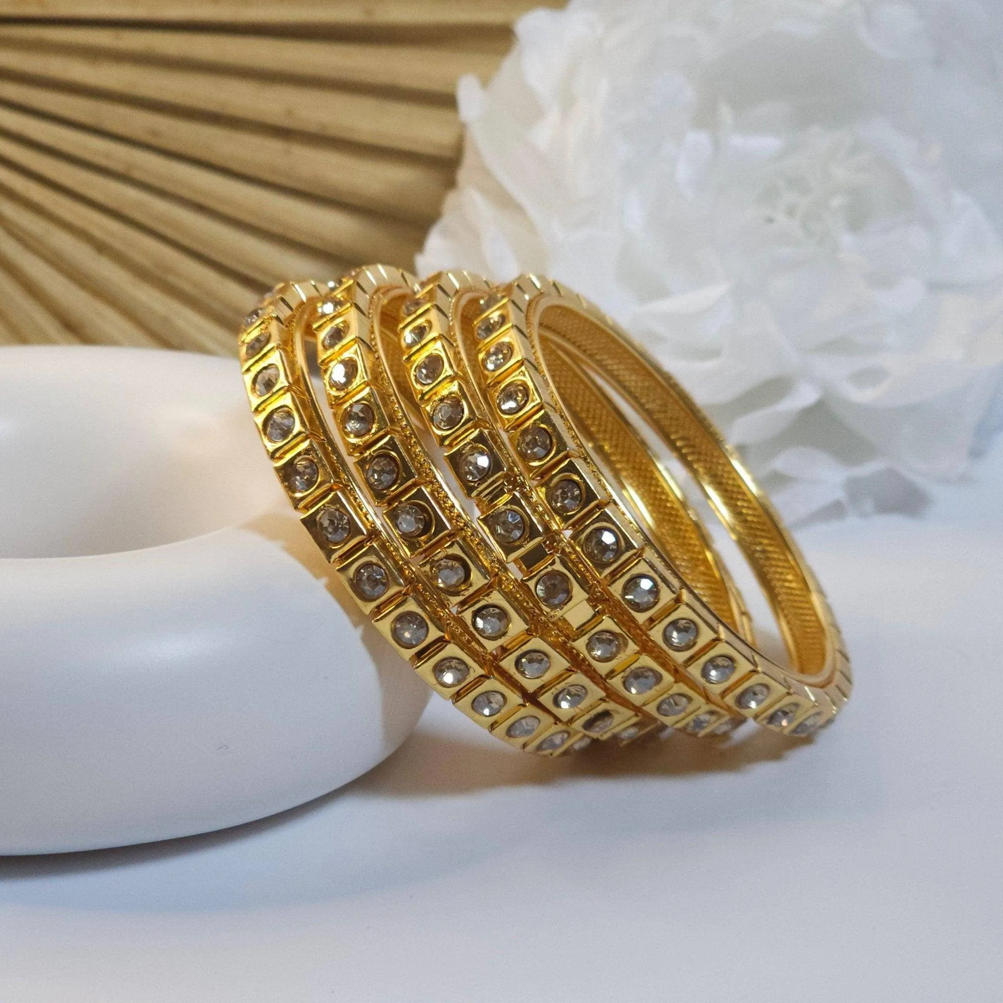 Set of 4 Gold Polki Pearls Indian Bangles