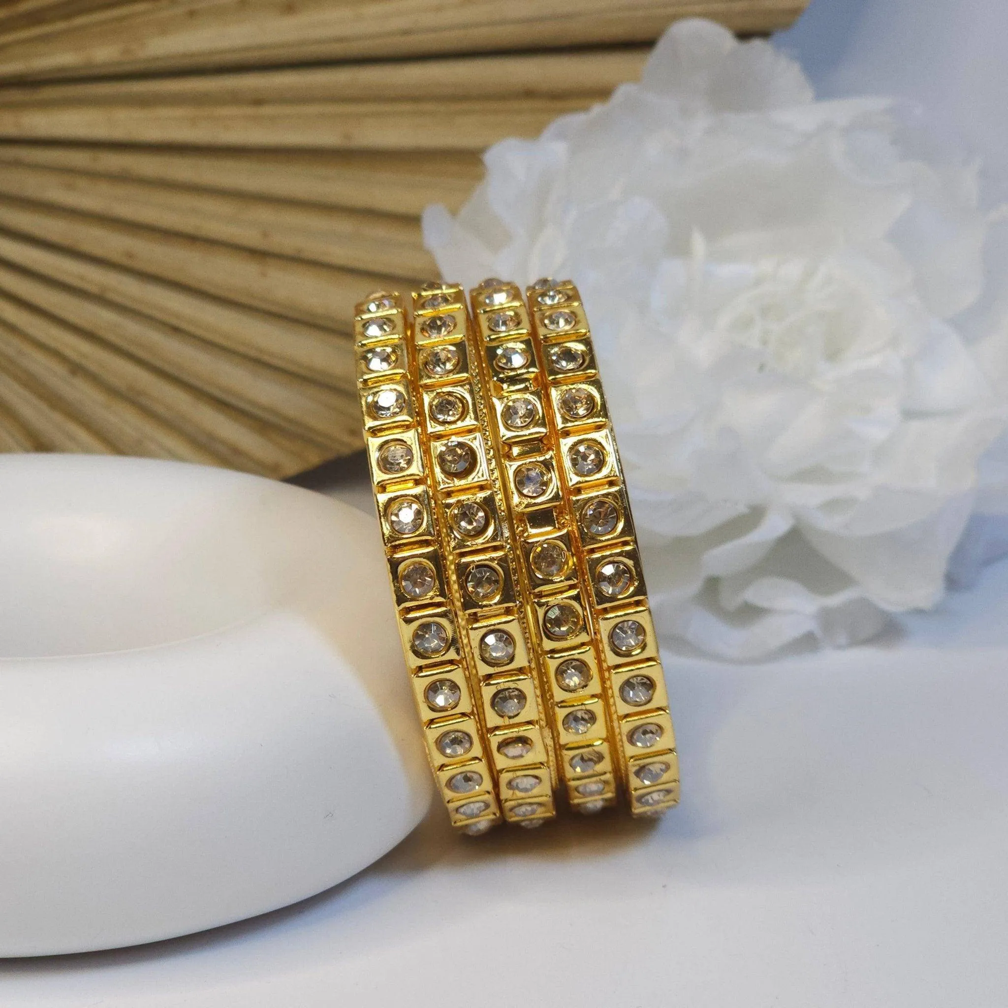 Set of 4 Gold Polki Pearls Indian Bangles