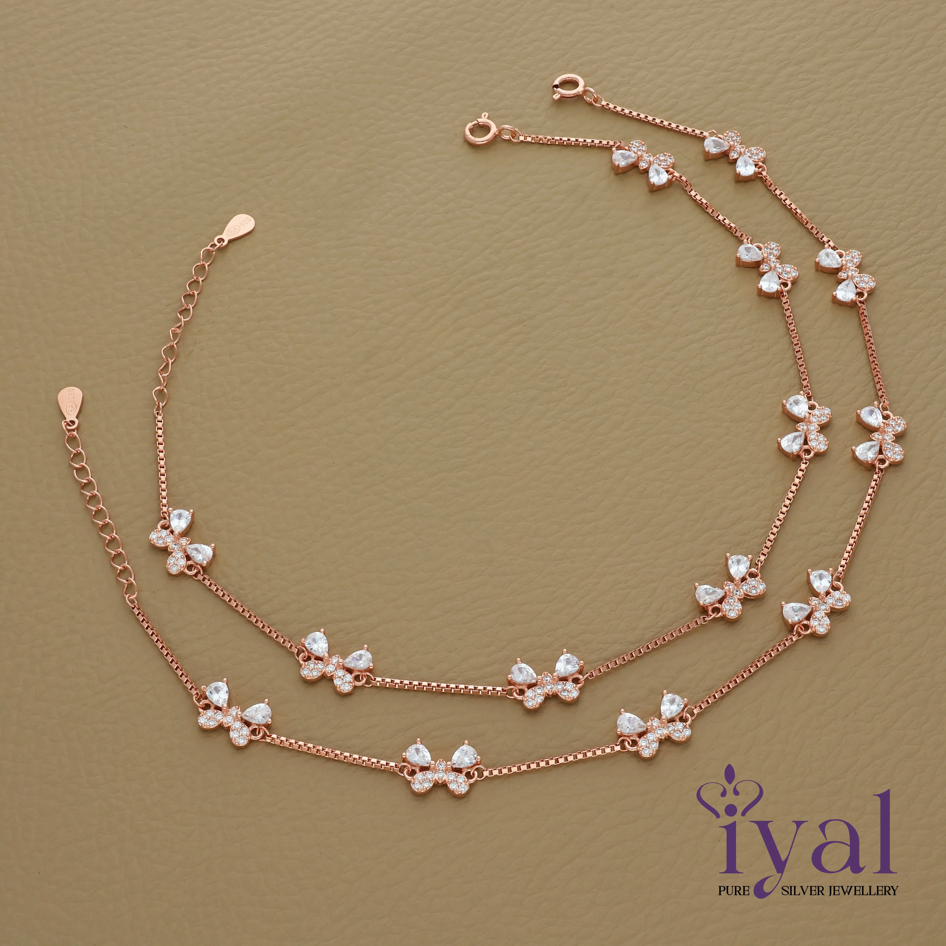 Shimmering Stone Butterfly Rose Gold Polish Silver Anklet