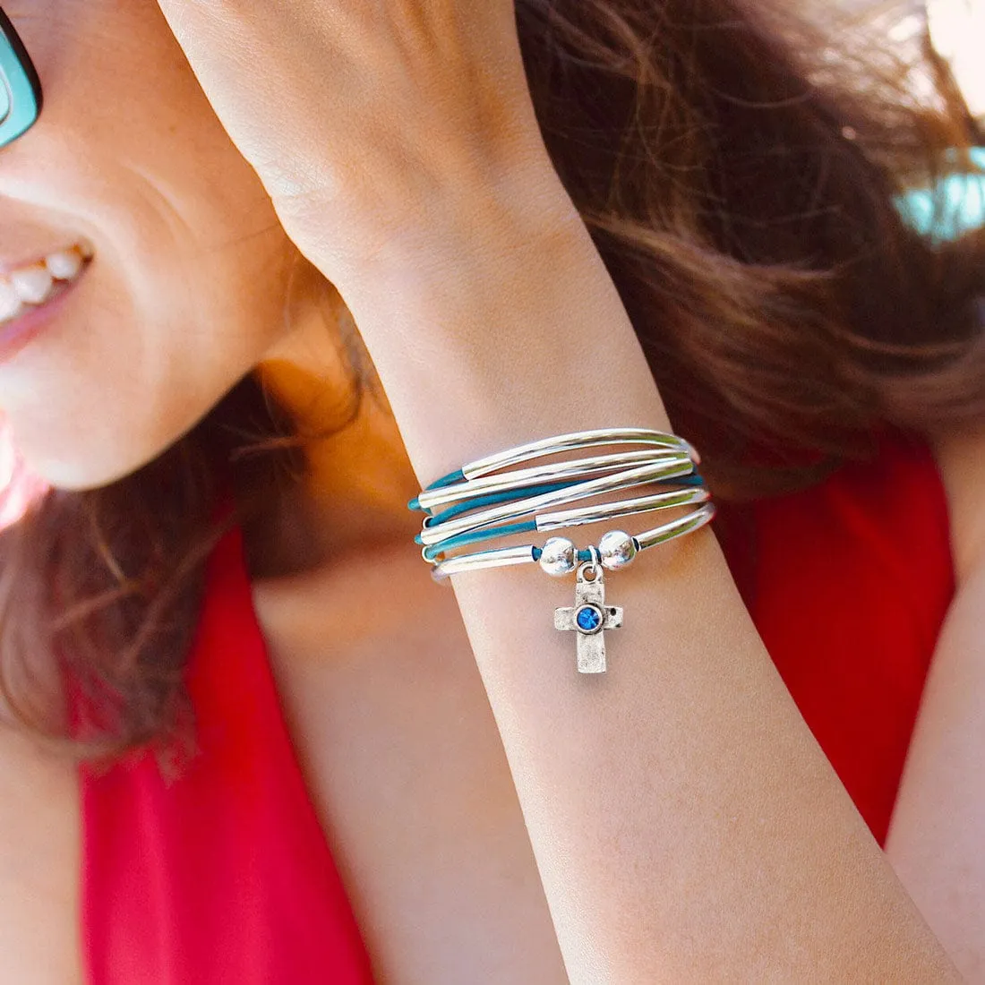 Silver Cross Charm w Blue Crystal