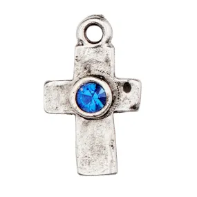 Silver Cross Charm w Blue Crystal