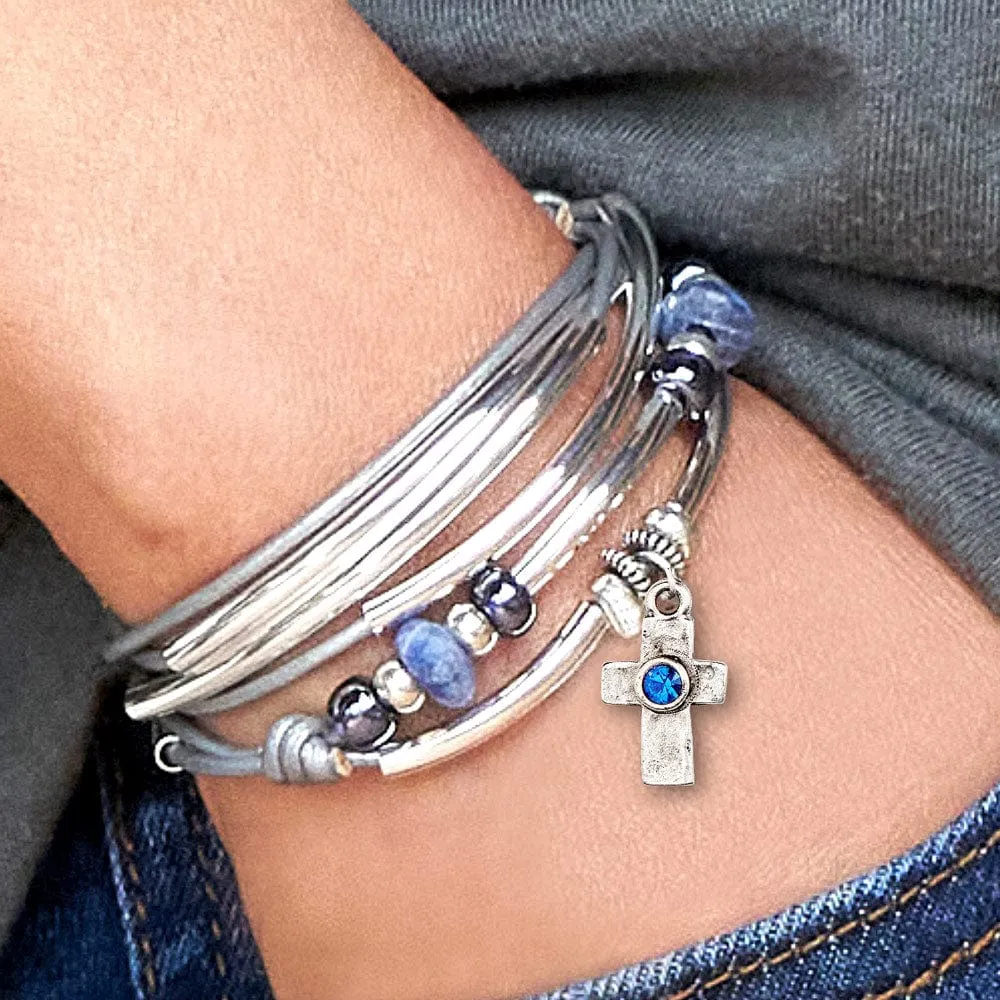 Silver Cross Charm w Blue Crystal