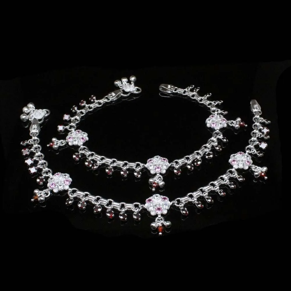Silver CZ floral Anklets For Women10.7&quot;