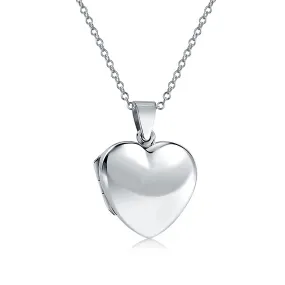 Simple Heart Shaped Photo Locket Necklace in Polished Silver for Pictures