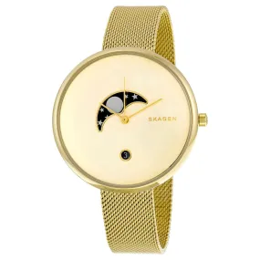 Skagen Gitte Moonphase Gold Dial Gold-tone Mesh Ladies Watch SKW2373