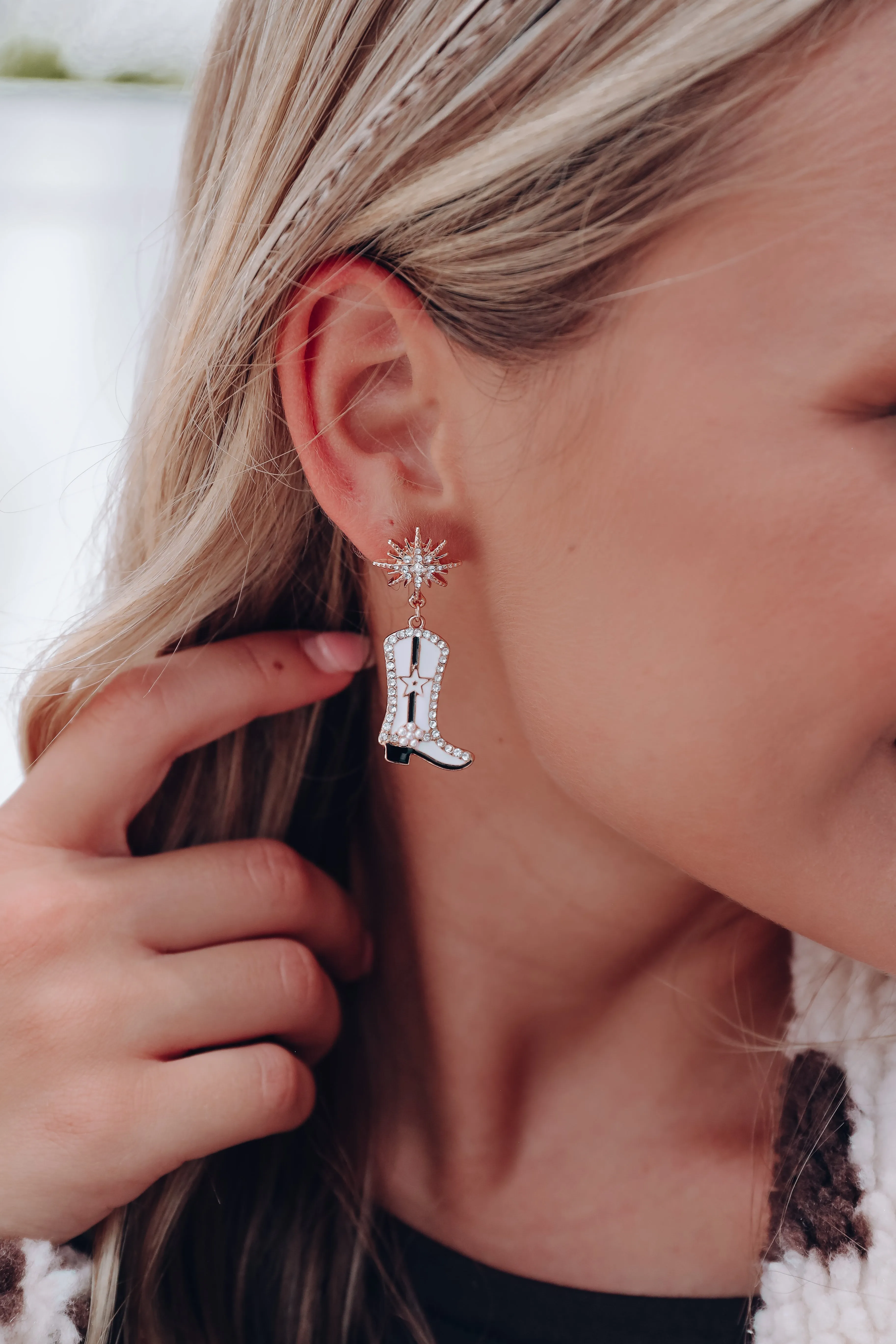Starburst Rhinestone Boot Dangle Earrings - White
