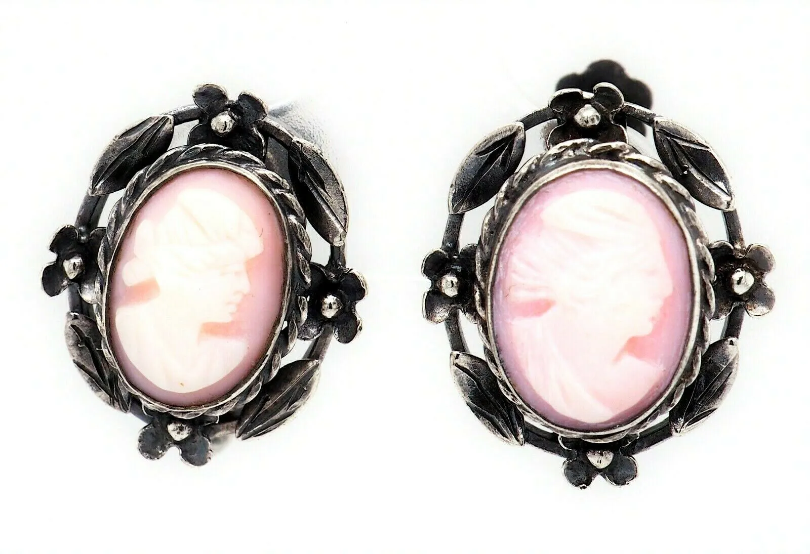 Sterling Silver & Shell Cameo Screw Back Earrings Fine Vintage Jewellery