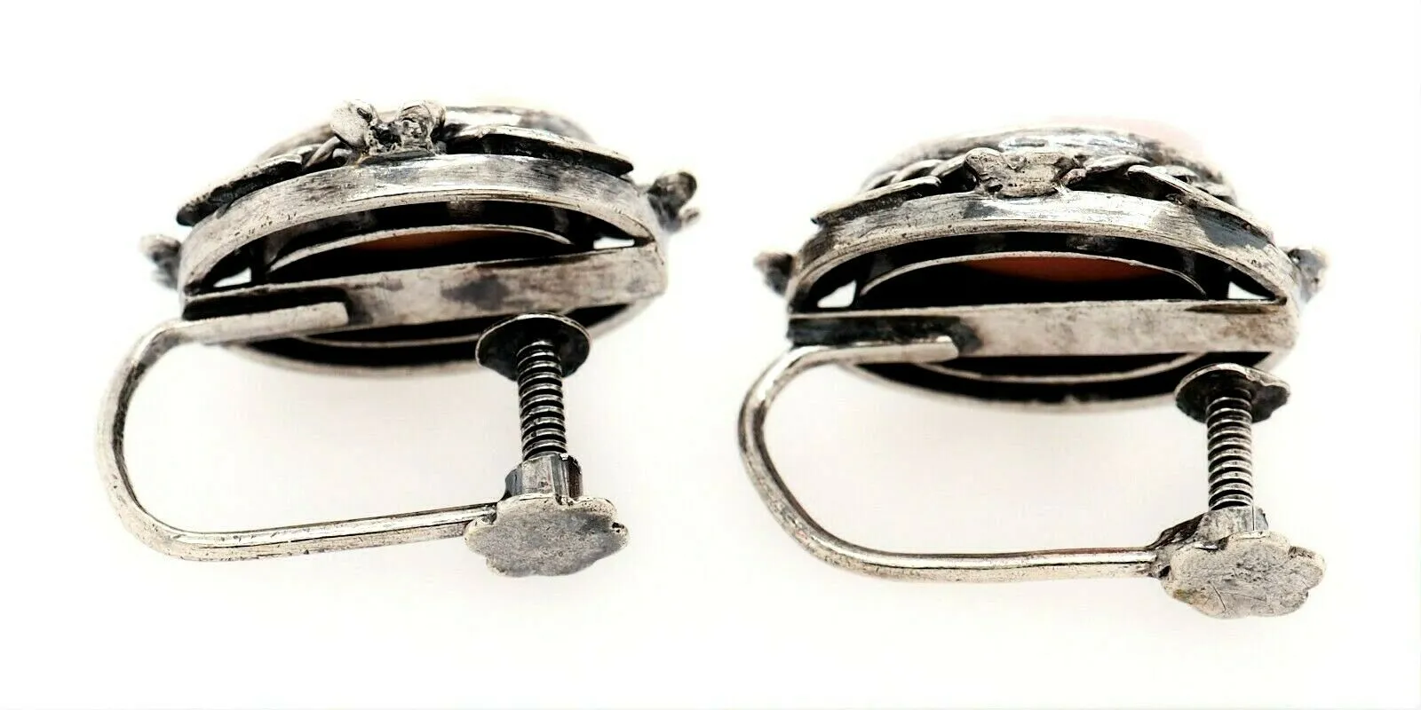 Sterling Silver & Shell Cameo Screw Back Earrings Fine Vintage Jewellery
