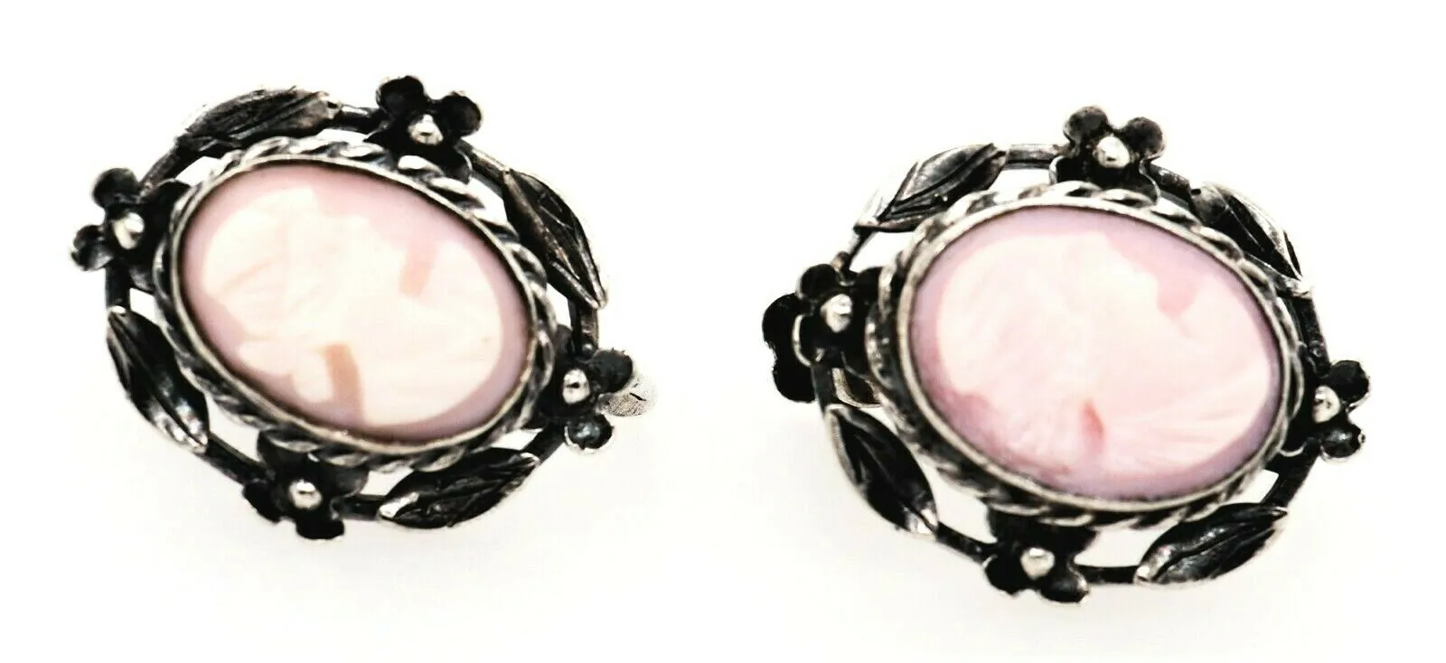 Sterling Silver & Shell Cameo Screw Back Earrings Fine Vintage Jewellery