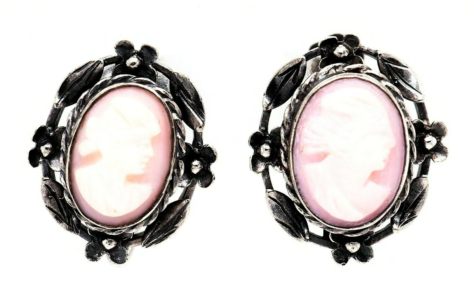 Sterling Silver & Shell Cameo Screw Back Earrings Fine Vintage Jewellery
