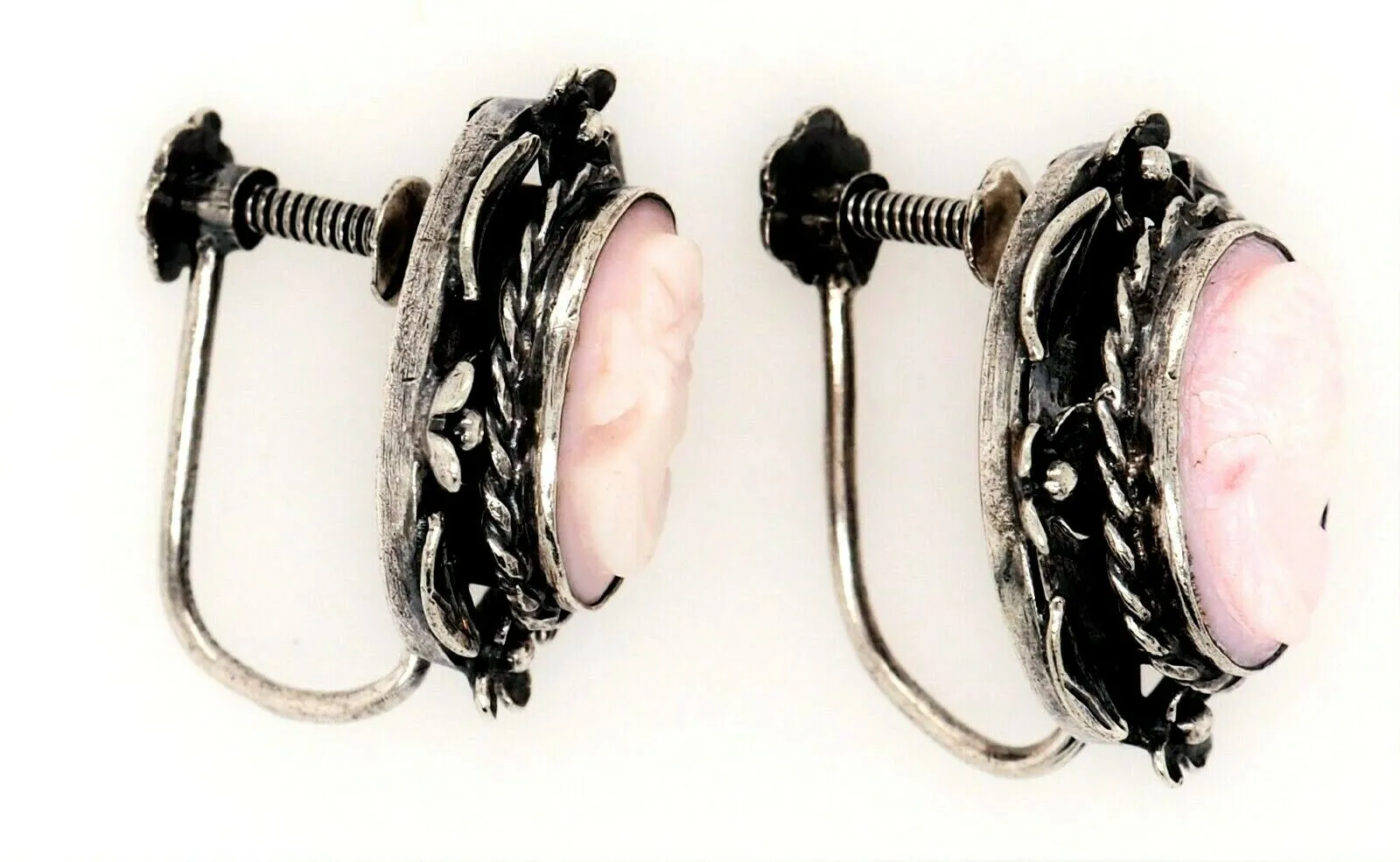 Sterling Silver & Shell Cameo Screw Back Earrings Fine Vintage Jewellery