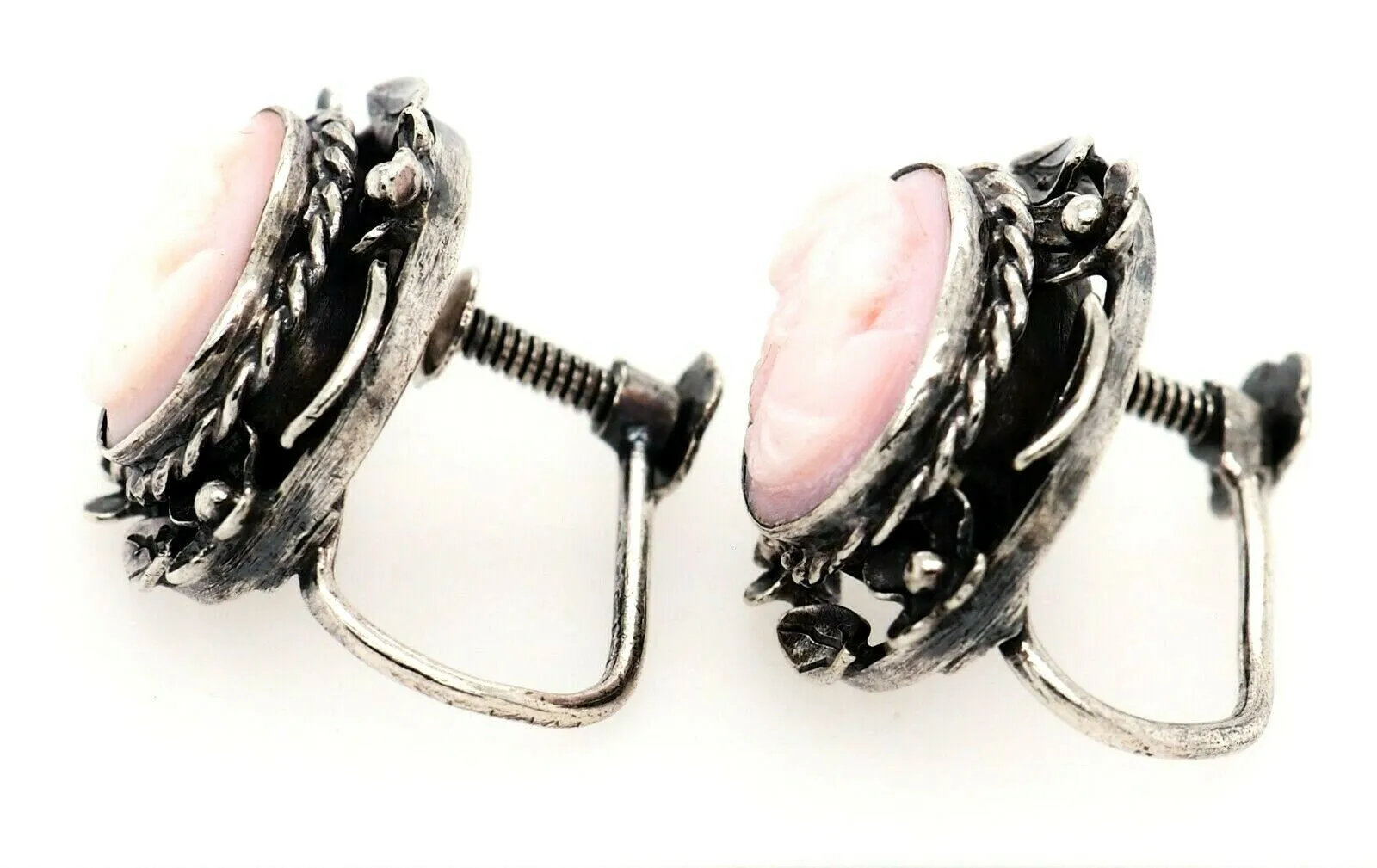 Sterling Silver & Shell Cameo Screw Back Earrings Fine Vintage Jewellery
