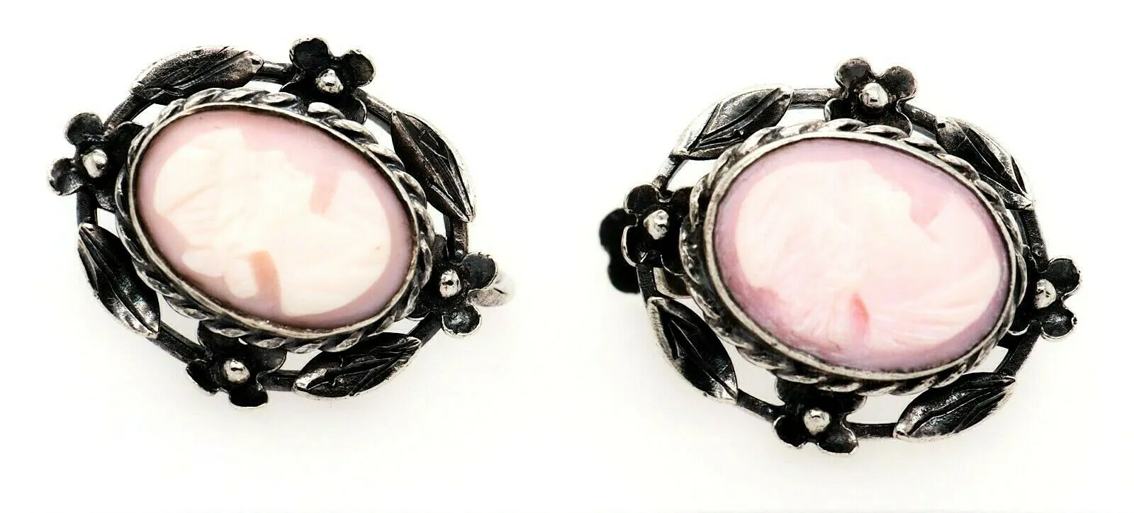 Sterling Silver & Shell Cameo Screw Back Earrings Fine Vintage Jewellery