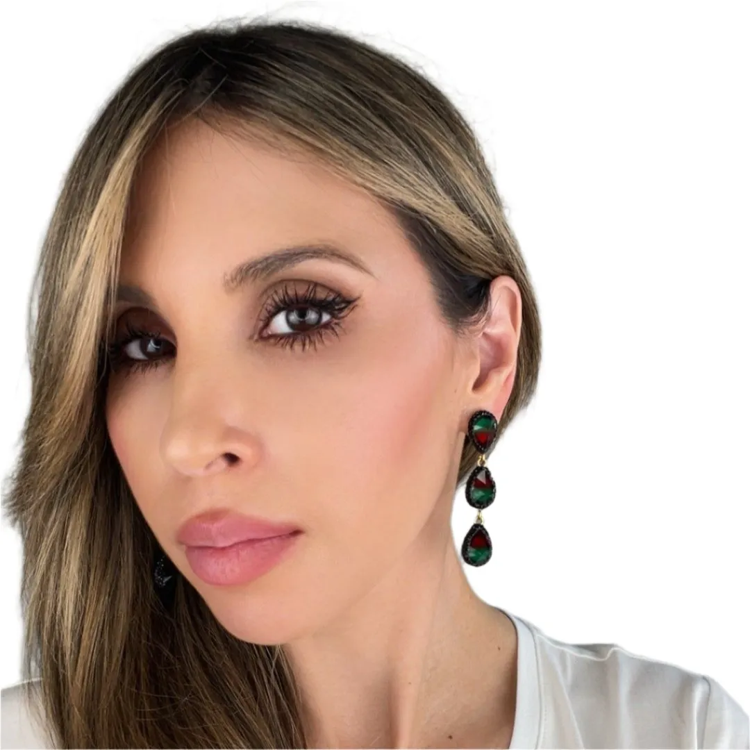 Teardrop Multicolor Gemstone Crystal Sterling Silver Triple Drop Earrings