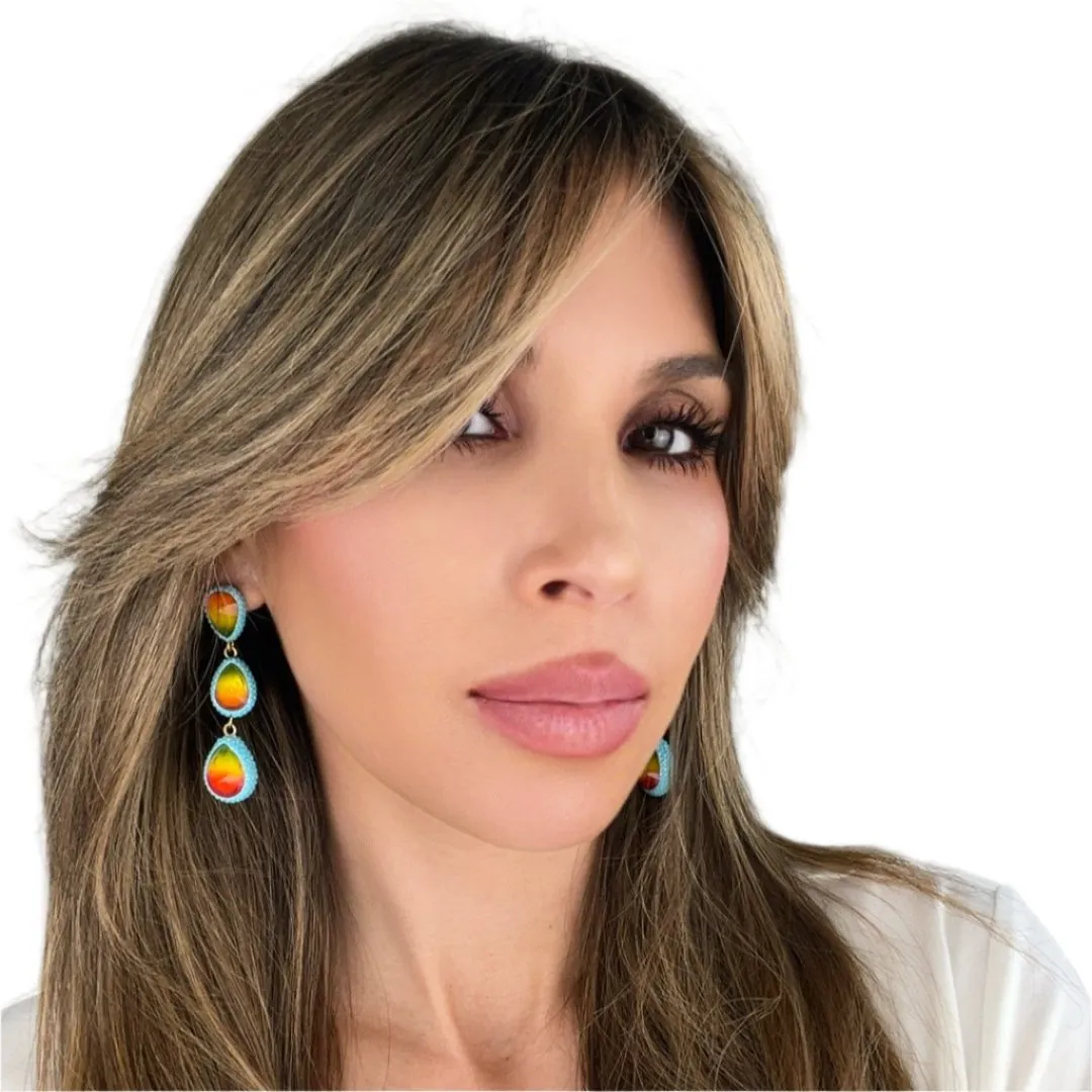 Teardrop Multicolor Gemstone Crystal Sterling Silver Triple Drop Earrings