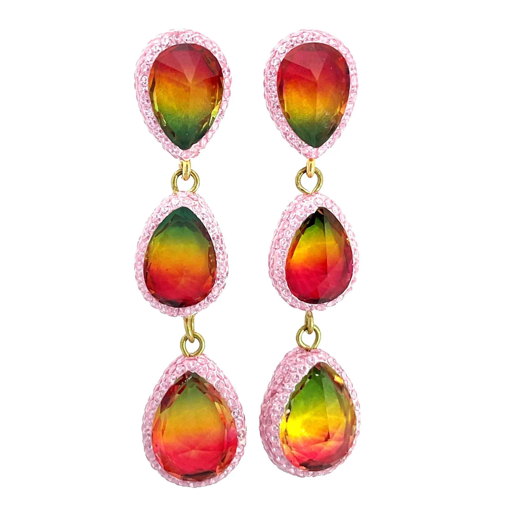 Teardrop Multicolor Gemstone Crystal Sterling Silver Triple Drop Earrings