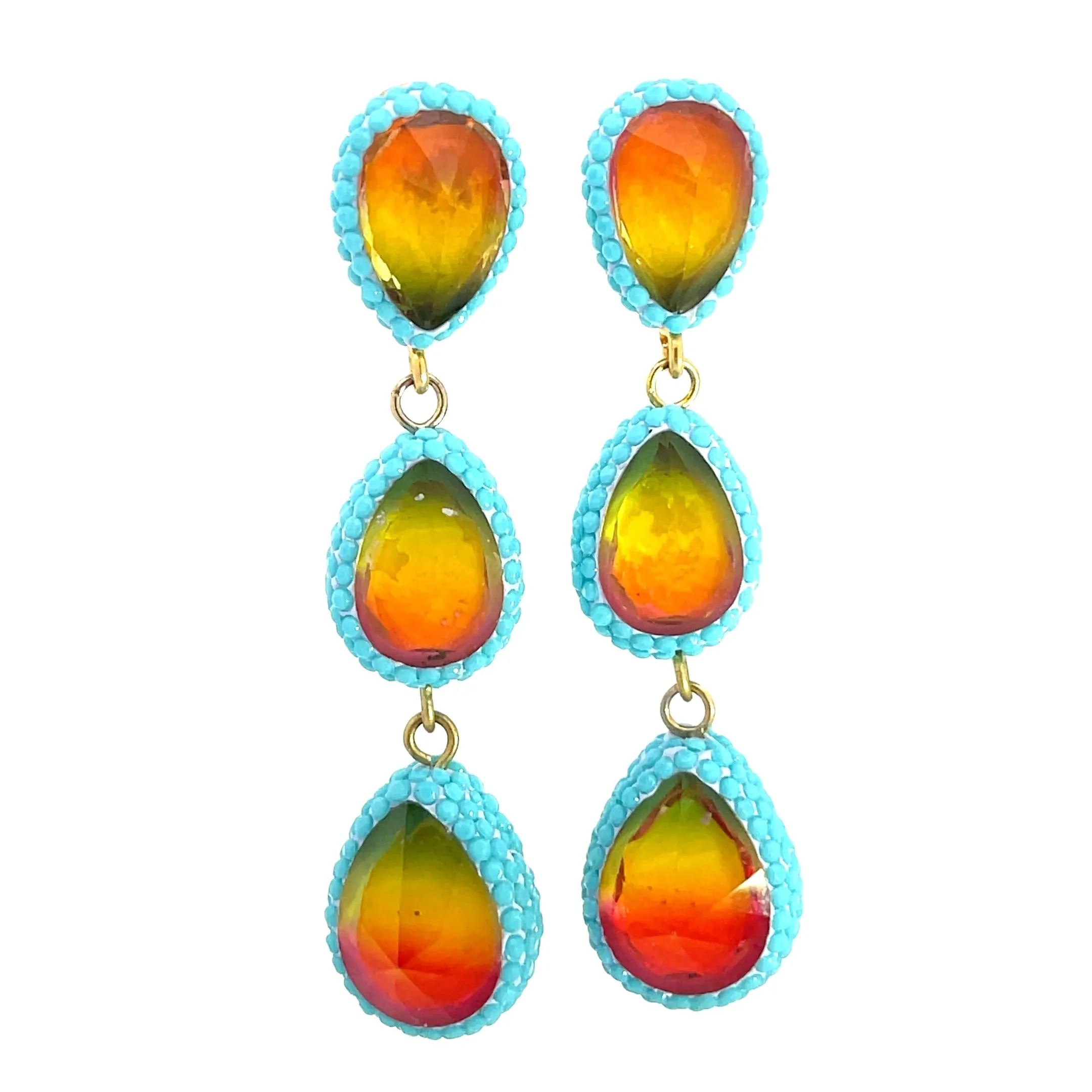 Teardrop Multicolor Gemstone Crystal Sterling Silver Triple Drop Earrings